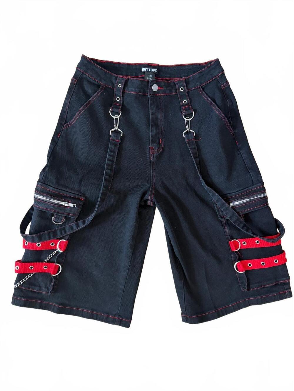 Men's Hot Topic Black Cargo Shorts with Red Straps and Chains, Size Large